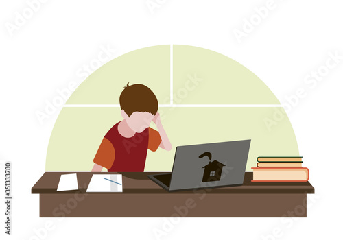 Home working. The tired child sits at the table and studies at home.  Distance communication with friends.  