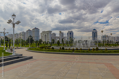 Altyn Asyr Park with a fountain in Ashgabat, capital of Turkmenistan