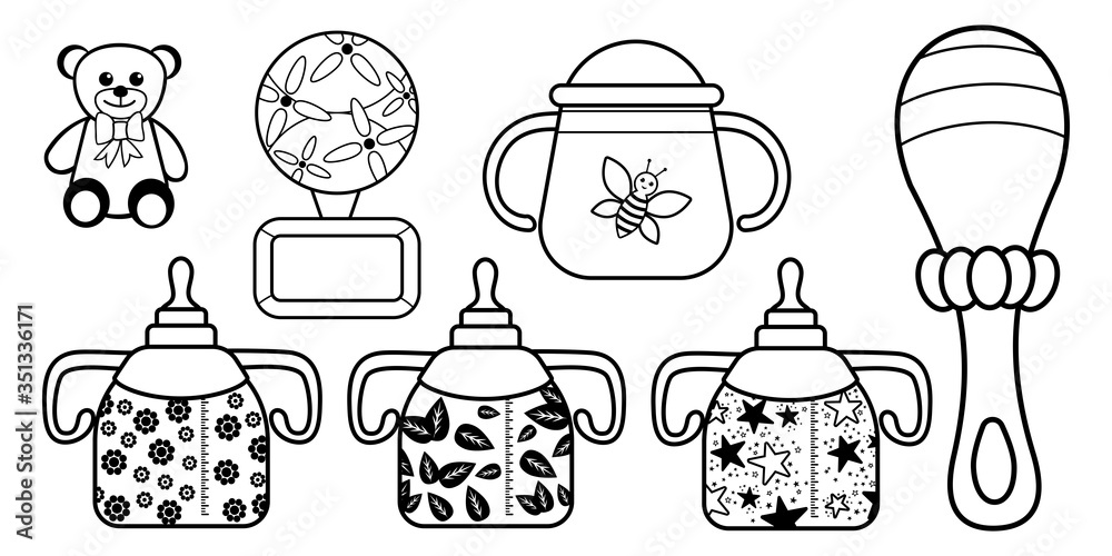 Baby coloring kit. Contour drawing. Bottle, rattle, bear toy. Baby sets ...