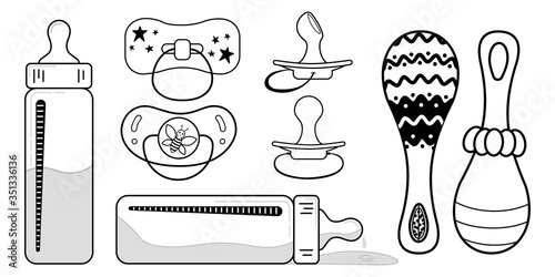 Baby coloring kit. Contour drawing. Bottle, pacifier, rattle. Baby sets. Vector black and white coloring book page.
