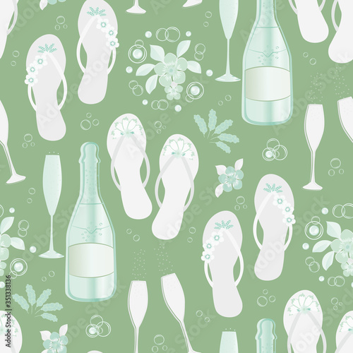 Champagne bottles and flip flop shoe vector seamless pattern background. Glasses, sparkling wine, sandals flower monochrome sage green backdrop. All over print for beach hen party celebration concept