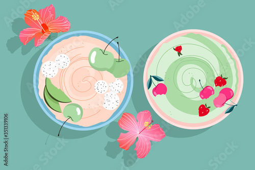 Wallpaper Mural Fruit smoothie bowls. Modern hand-drawn smoothie bowls with cherries, strawberries, and apples. Hibiscus flowers and summer breakfast on the table. Tropical bowls. Trendy isolated design elements. Torontodigital.ca