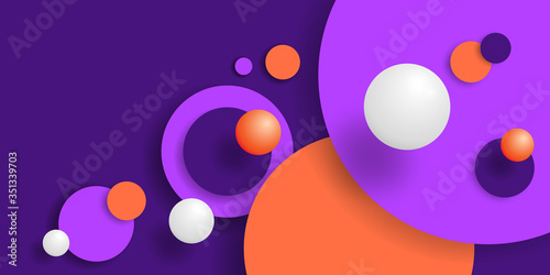 Abstract background 3D. Vector illustration geometric shapes. Balls and circles. Template sphere and circle. Violet and orange color. Horizontal banner. Paper cut style. Design cover, wallpaper, web.