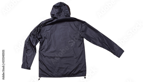 Back view of black rain jacket isolated top view, cotton clothes over white background, blue men's jacket