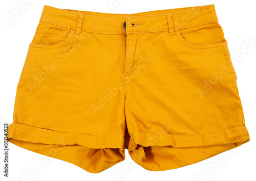 Tableau sur toile Orange shorts top view in isolation mock up closeup