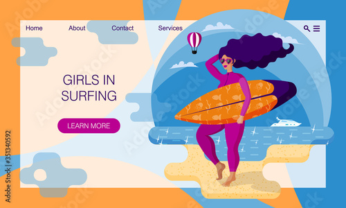 Beautiful surfer girl in pink wetsuit holding surfboard on the beach. Concept of website, landing page design template