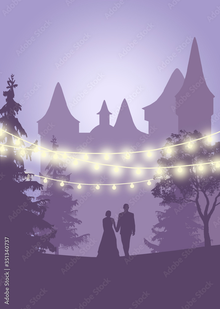 Fototapeta premium wedding invitation. Save the date card lights. Lavender illustration with a couple, castle and magical lights. Thank you card templates. 