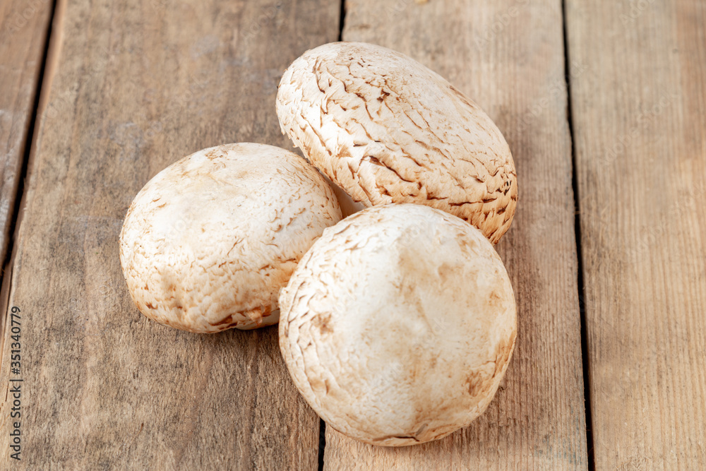Big white champignon on a old wooden table. Big white champignon on a old wooden table.