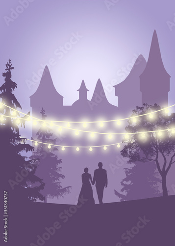 wedding invitation. Save the date card lights. Lavender illustration with a couple, castle and magical lights. Thank you card templates. © Анастасия Бурлакова