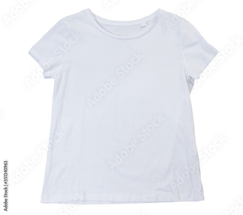 empty white T-shirt isolated on white background. Blank White female tshirt isolated on white. Tshirt template ready for your own graphics.