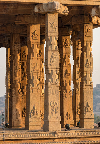 Carved pillars of Kadalekalu Ganesha Hindu Temple, Hampi, India