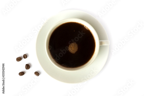  black coffee with coffee beans on a white background