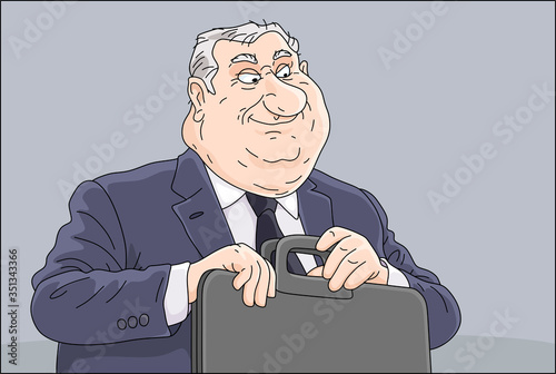 Fat corrupt official sitting at his office desk, insidiously smiling and holding a leather briefcase with documents and money for bribe, vector cartoon illustration photo