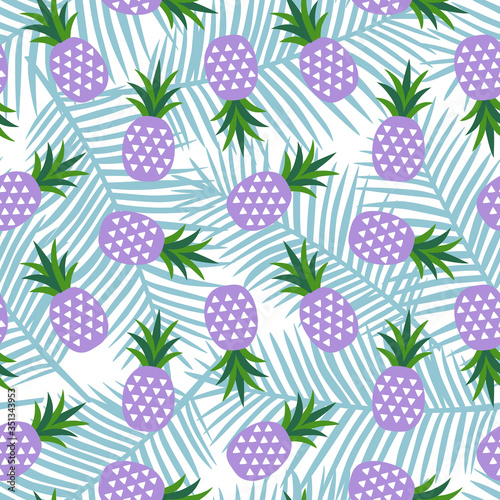 purple pineapple with triangles geometric fruit summer tropical exotic hawaii sweet pattern on a blue palm leaves background seamless vector
