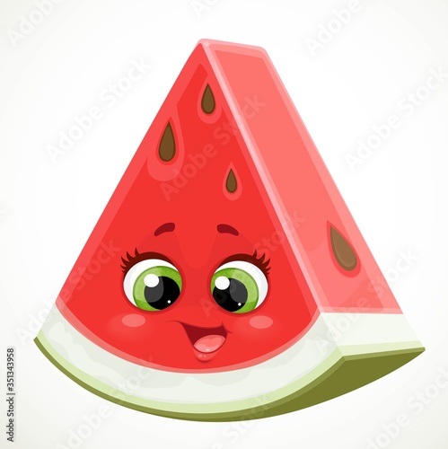 Cute little cartoon emoji piece of red watermelon isolated on white background