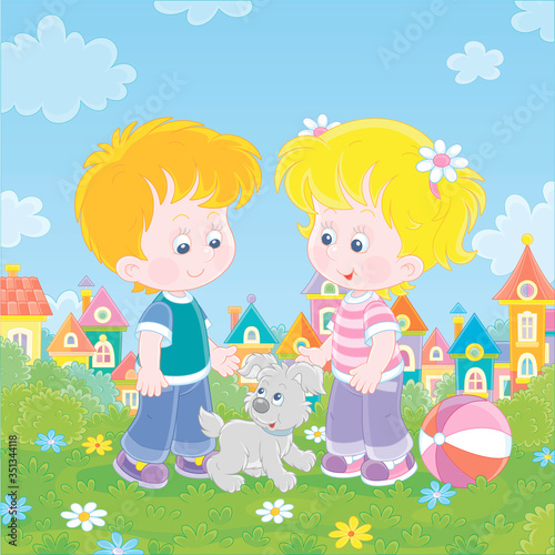 Smiling little children talking and walking together with a cheerful grey puppy in a green town park on a sunny summer day, vector cartoon illustration