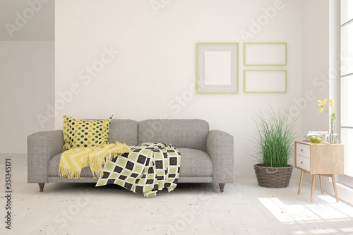 Fototapeta Naklejka Na Ścianę i Meble -  White living room with sofa. Scandinavian interior design. 3D illustration