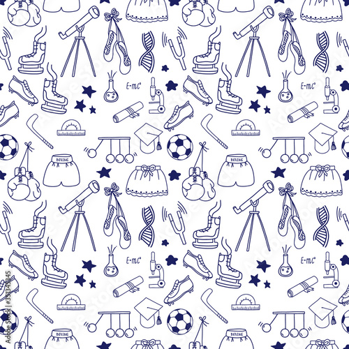 Education charity seamless pattern. Volunteers to support people in need. Clothes and money donation concept illustration. Vector.