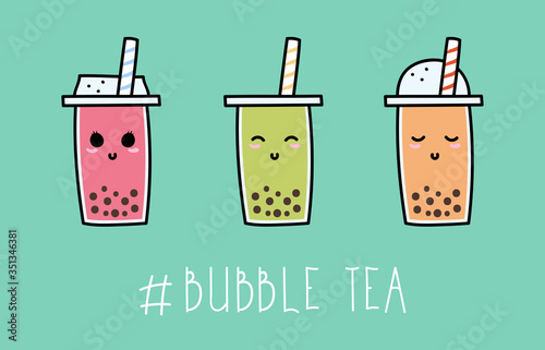 Bubble tea cup set. Cute Taiwan boba milk and juice tea icons. Can be used for poster, greeting card, menu, web, coffee shop banner. Pearl milk tea in hand drawn style. Nai cha drink doodle vector.