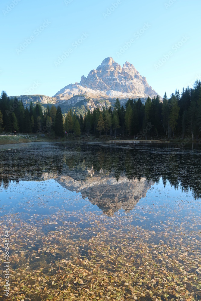 Reflection of the mountain at the Lago d'Antorno in the Dolomites