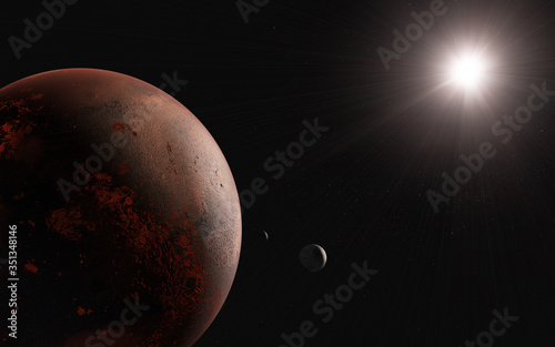 Colorful 3d render represents Mars and its moons of solar system close up. Elements of this image furnished by NASA.