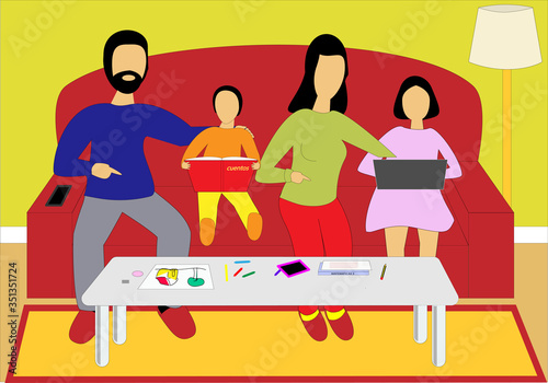 Familia en casa  haciendo la tarea con los niños