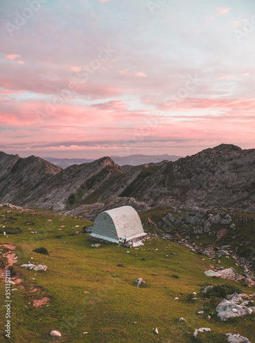 Spain, Cantabria, White structure in Picos de Europa at dawn