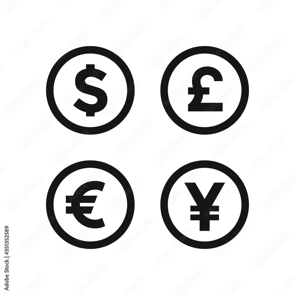 Money currency sign. Dollar, Pound, Euro, Yuan icon vector. Money currency sign. Dollar, Pound, Euro, Yuan icon vector.