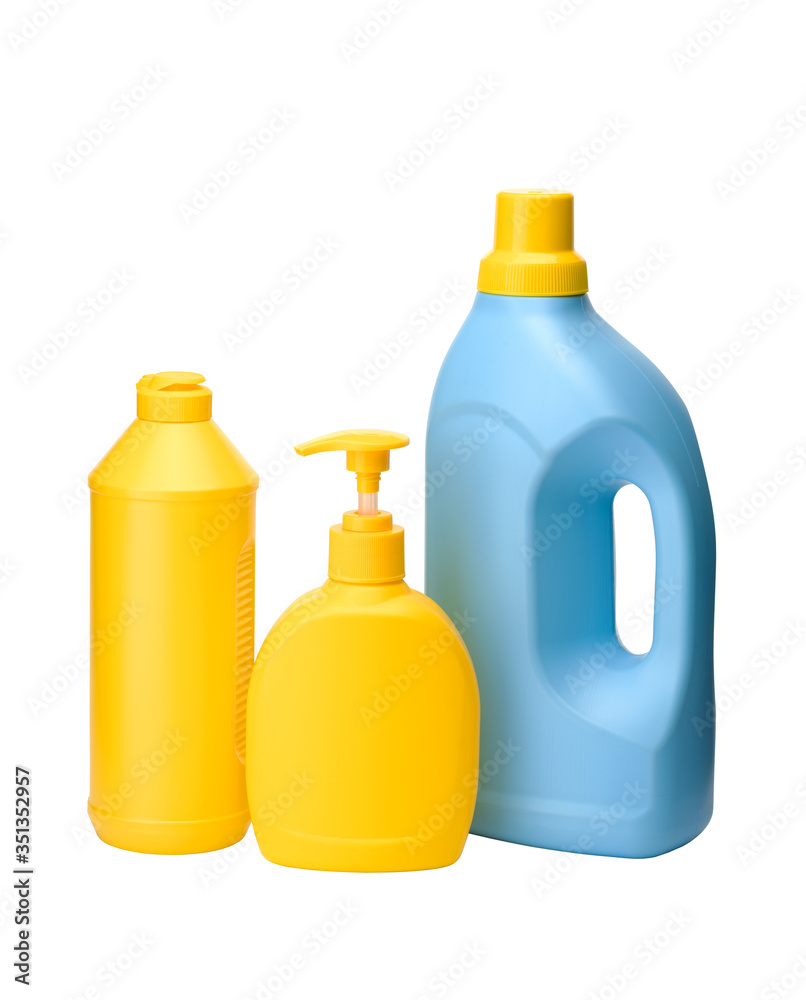 Set Cleaning product. Two Yellow and blue bottle isolated on white background. Set Cleaning product. Two Yellow and blue bottle isolated on white background.