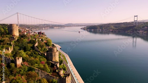 Fatih Sultan Mehmet Bridge, Second Bosphorus Bridge from Istanbul Turkiye. Aerial view.