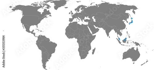 Malaysia, japan countries isolated on world map. Light gray background. Business concepts, economic, trade and transport relations.