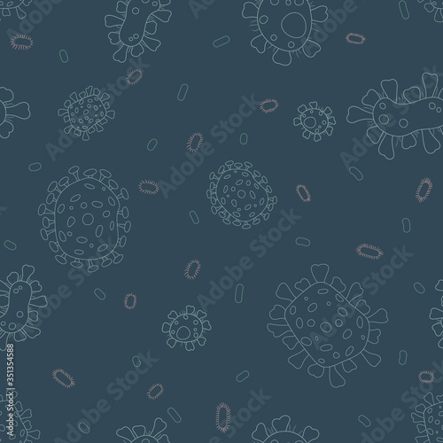 Bacterial microorganism pattern. Flat background with microbes. A microorganism and allergen pictured on a blue background.