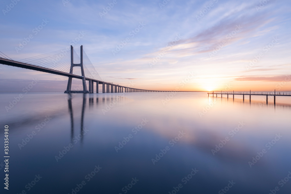 Portugal, Lisbon, Vasco da Gama Bridge at moody sunrise Portugal, Lisbon, Vasco da Gama Bridge at moody sunrise