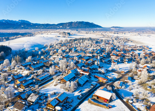 Germany, Bavaria, Greiling, Drone view of?snow-covered?village