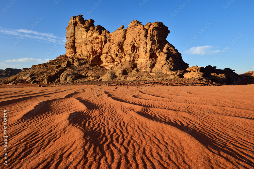 Algeria, Sahara, Tassili N'Ajjer National Park, Tassili Tadrart, rocks and dunes at the cirque Algeria, Sahara, Tassili N'Ajjer National Park, Tassili Tadrart, rocks and dunes at the cirque