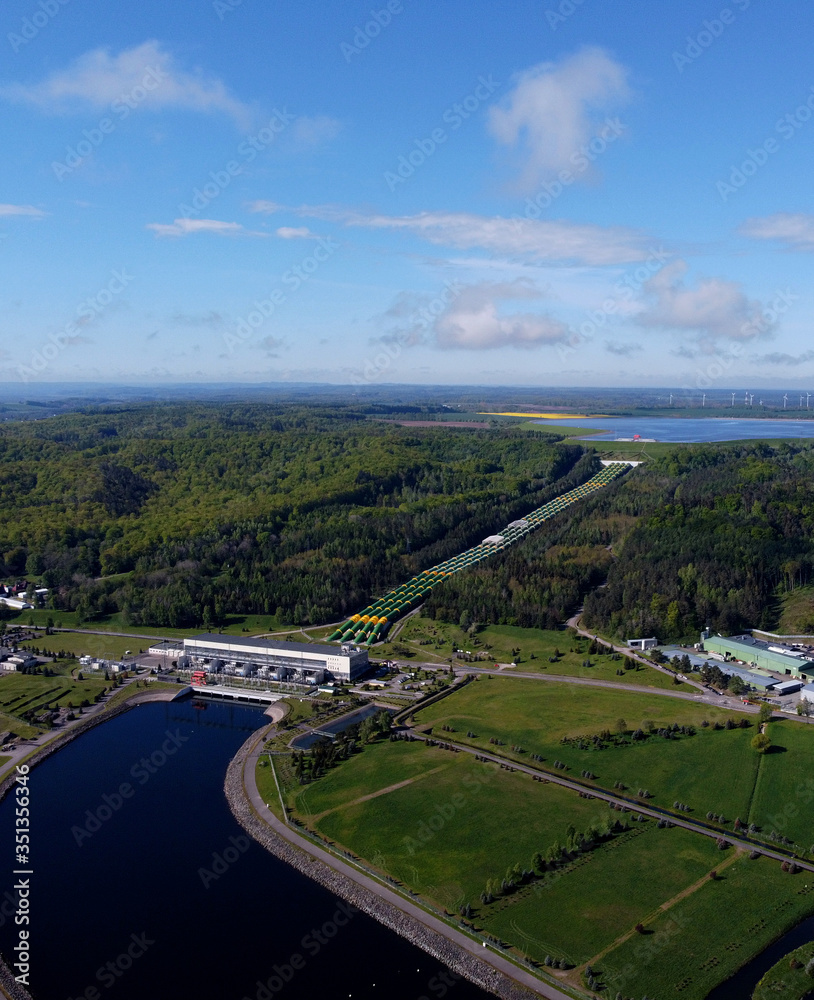 Aerial view of the Zarnowiec Hydroelectric Power Plant. Czymanowo on Lake Zarnowieckie in the commune of Gniewino.
