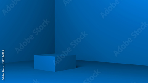 Fototapeta Naklejka Na Ścianę i Meble -  blue pedestal on a blue background with place for text, cube wall and floor 3d illustration