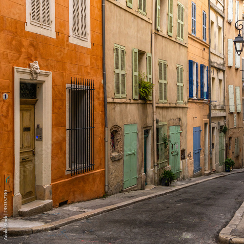 A typical colorful street at Le Panier quarter  the picturesque historic center of Marseille  France