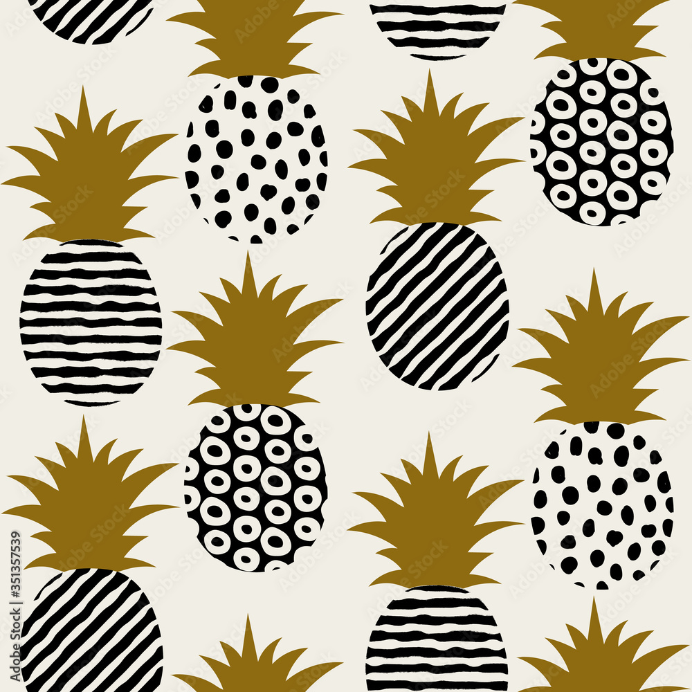 Fototapeta Pineapple seamless pattern design - black and gold grunge elements and stripes