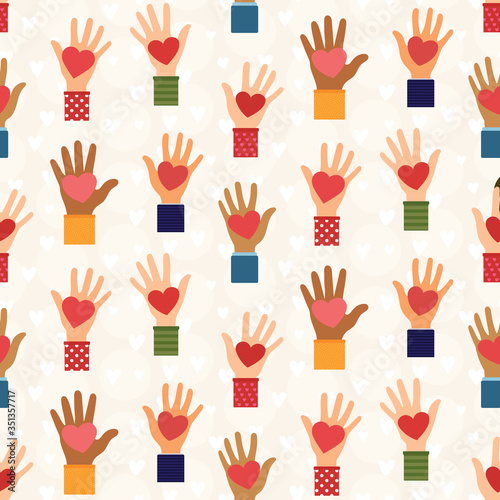 Human hands with red hearts seamless pattern - donating, charity and volunteering concept surface design © Vilmos