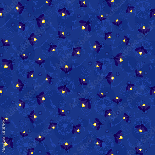 Fireflies seamless pattern on dark blue background with florals