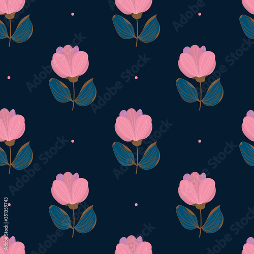 Floristic background. Pink flowers arranged in rows alternately on a dark background. Abstract roses and polka dots. Textile colors  fully printable. Endless pattern. Seamless vector illustration.