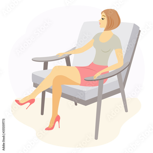 A beautiful lady is sitting in an armchair. The girl has a slim figure. The woman is resting. Vector illustration
