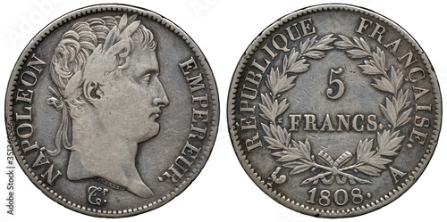 Cuadro en lienzo France French silver coin 5 five francs 1808, laureate head of Emperor Napoleon