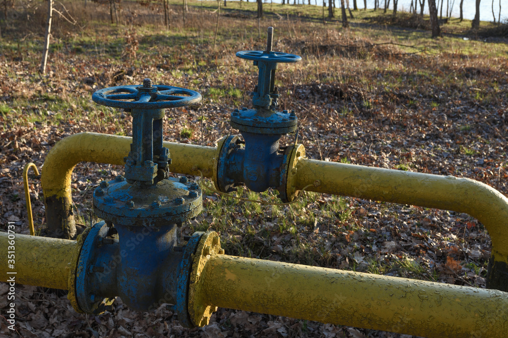 Old gas pipes with large overlapping taps are laid underground in the yard. Old gas pipes with large overlapping taps are laid underground in the yard.