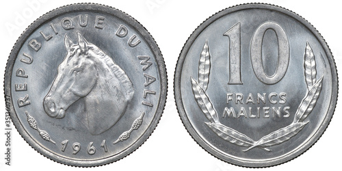 Mali Malian aluminum coin 10 ten francs 1961, horse head 3/4 left, denomination above leaves,