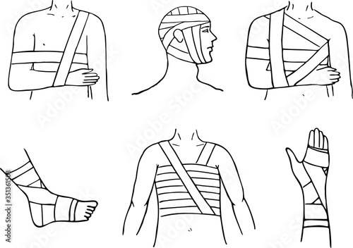 First aid for broken hand, leg, chest, head with bandage. Vector hand drawn style illustration.
