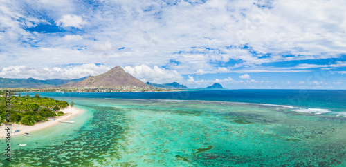 Aerial panoramic by drone of Flic en Flac beach with Tamaris village and Le Morne mountain, Black River, Mauritius, Indian Ocean, Africa