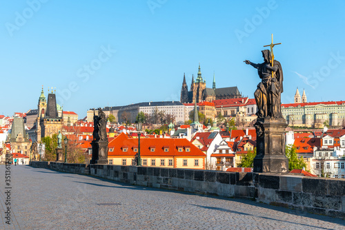 Prague Castle view from Charles Bridge on sunny spring morning, Praha, Czech Republic