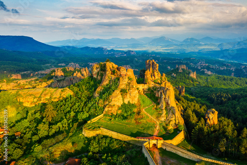 Aerial view by drone of Kaleto Rock Fortress rock formations, Belogradchik, Bulgaria, Europe photo